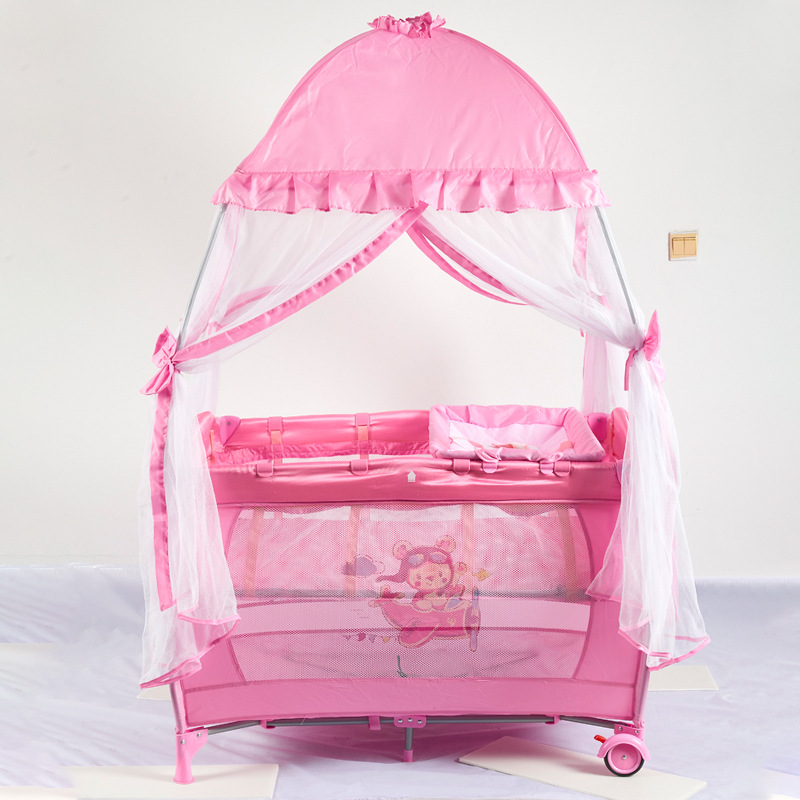 Children's Portable Foldable Dream Crib Multifunctional Game Bed with Wheels Removable Bedside 